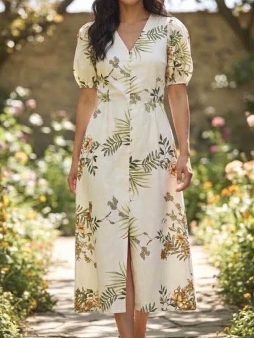 Calypso St. Barth Linen Blend Floral Button Front Puff Sleeve Midi Dress L Boho